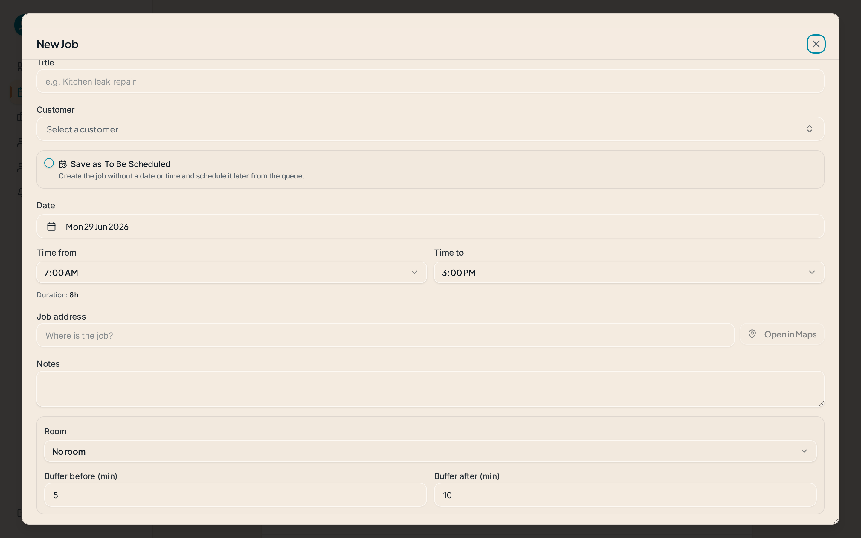 New job dialog in Suiviro on desktop, with title, customer, date, time, address, notes, room and buffer fields