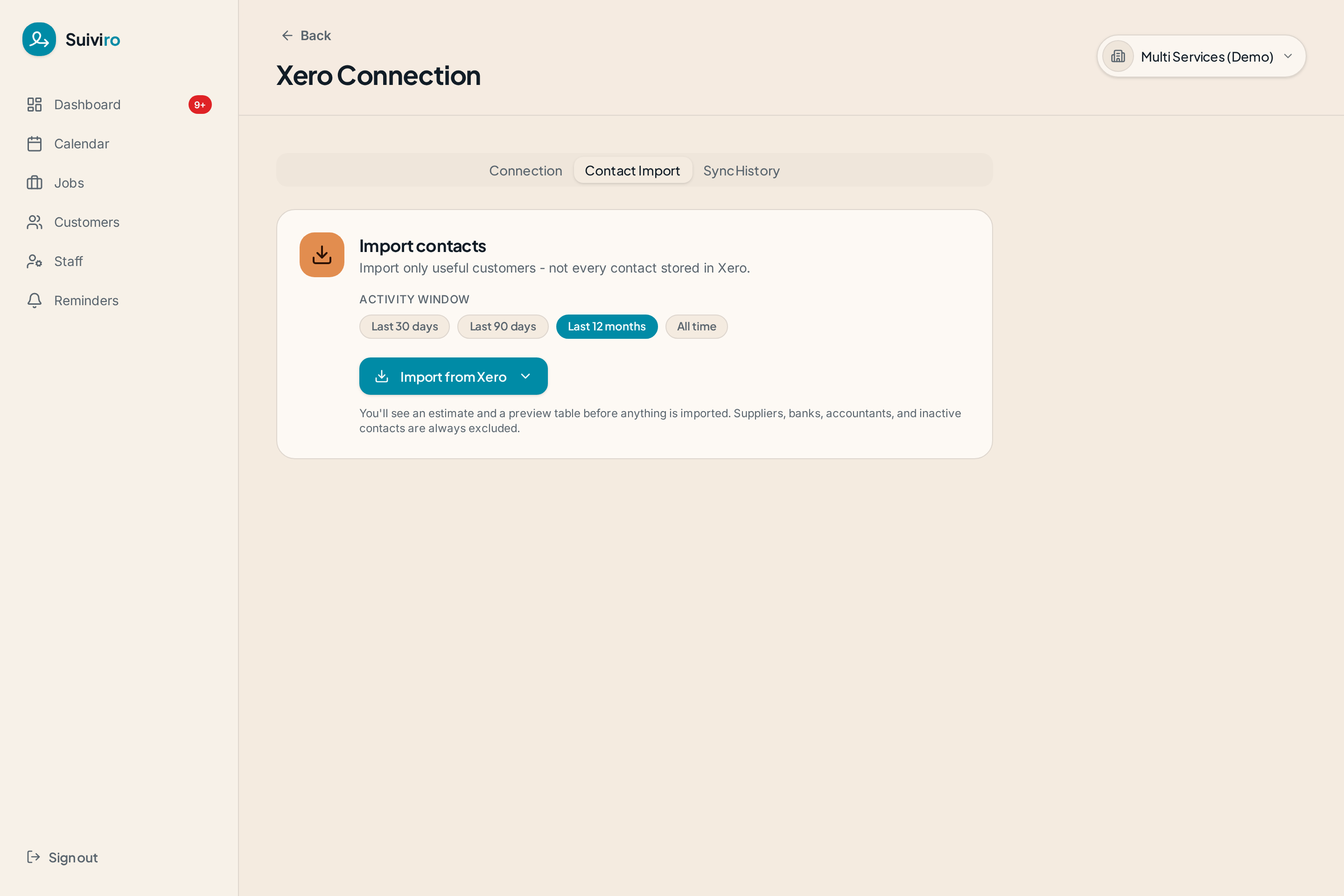 Xero contact import preview showing the 'Contacts with Quotes OR Invoices' filter selected with 87 contacts excluded
